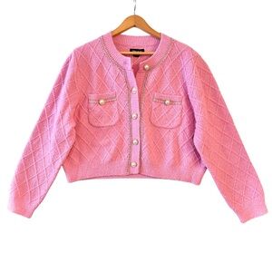Pink Cropped Cardigan with Pearl Buttons & Gold Detail Quilted Look